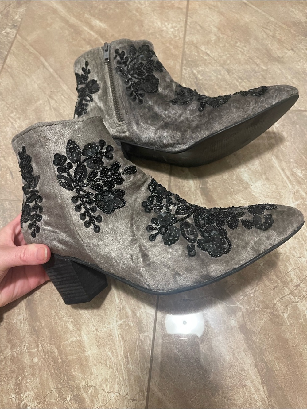 Free People Gray Velvet Ankle Booties with Black Embroidery